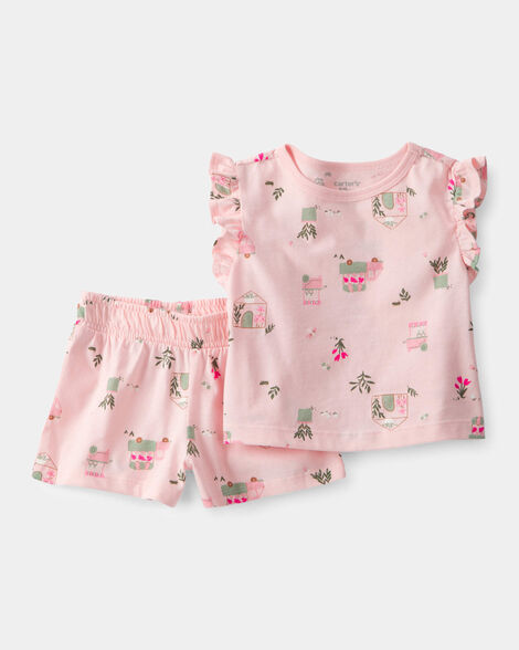 baby girl 2-piece flower truck top & short set - pink