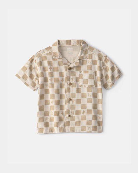 Toddler Boy Cactus Checkered Short-Sleeve Button-Down Shirt - Beige