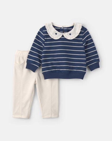 baby girl 2-piece striped french terry long-sleeve top & pant set - cream/navy blue