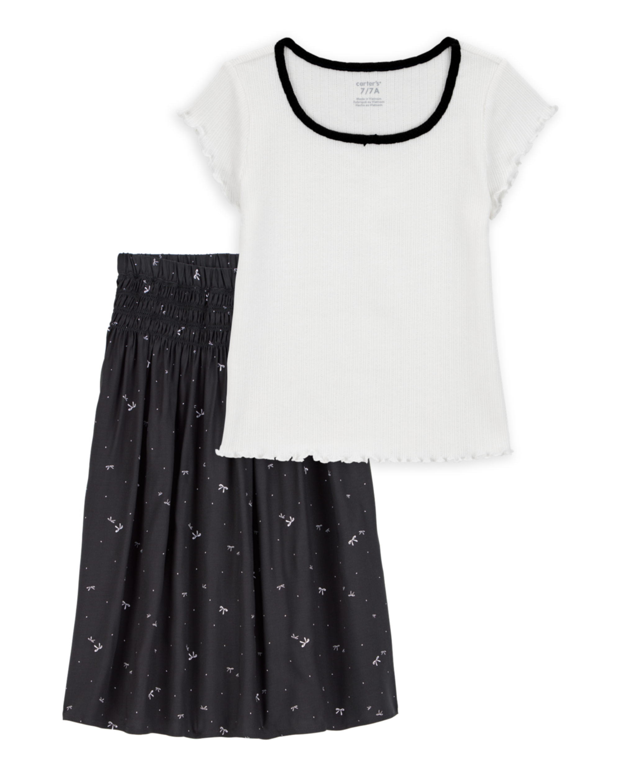 Kid 2-Piece Pointelle Tee & Bow Print Maxi Skirt Set - Black/White