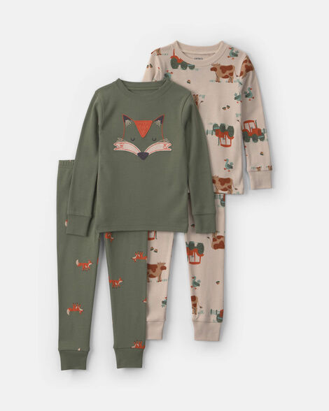baby boy 4-piece fox 100% cotton snug fit pajama set - green/cream