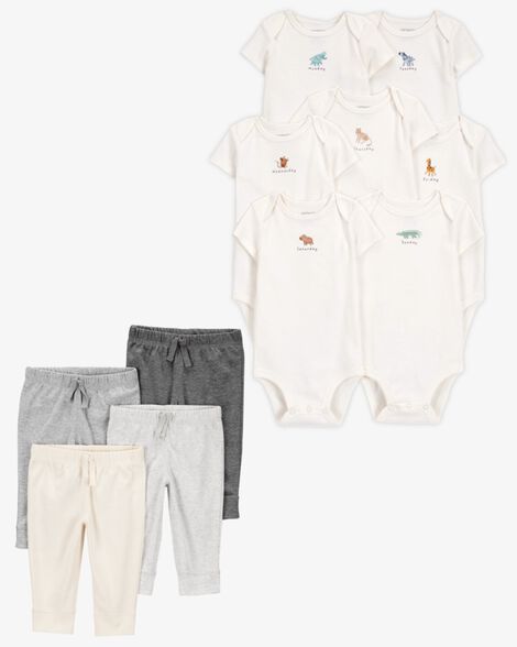 Product image 1 of Baby 11-Piece Days Of The Week Short-Sleeve Bodysuits & Pull-On Pants Set - Ivory/Grey