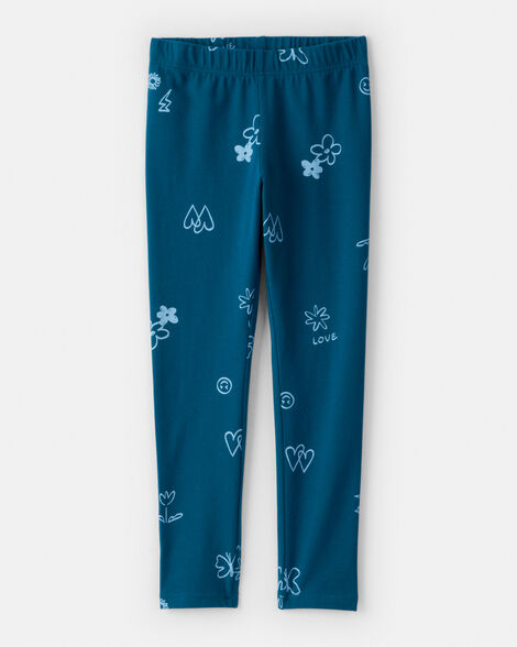 girls heart floral pull-on stretch leggings - blue