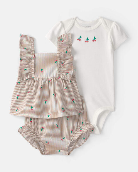 Carter's baby girl 3-piece cherry striped outfit set 12M Beige/White