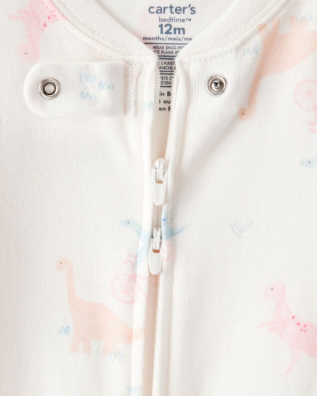 Product image 2 of Baby Girl Dinosaur Print 100% Cotton Long-Sleeve 2-Way Zip 1-Piece Pajamas - White