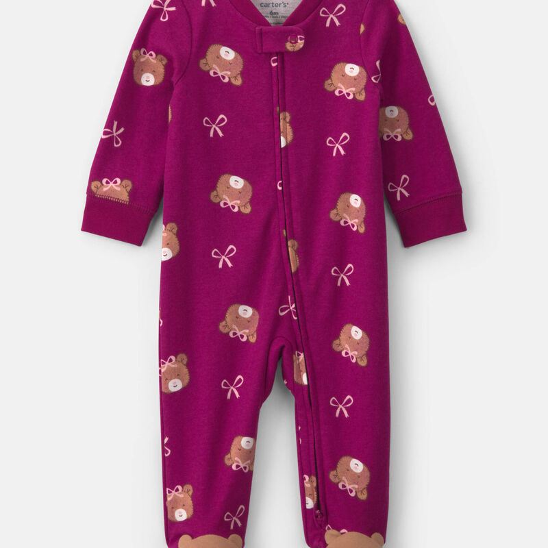 Baby Girl Bear 100% Cotton 2-Way Zip Sleep & Play Pajamas - Purple