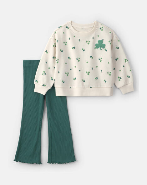 baby girl 2-piece clover st patrick's day long-sleeve top & pant set - green/cream