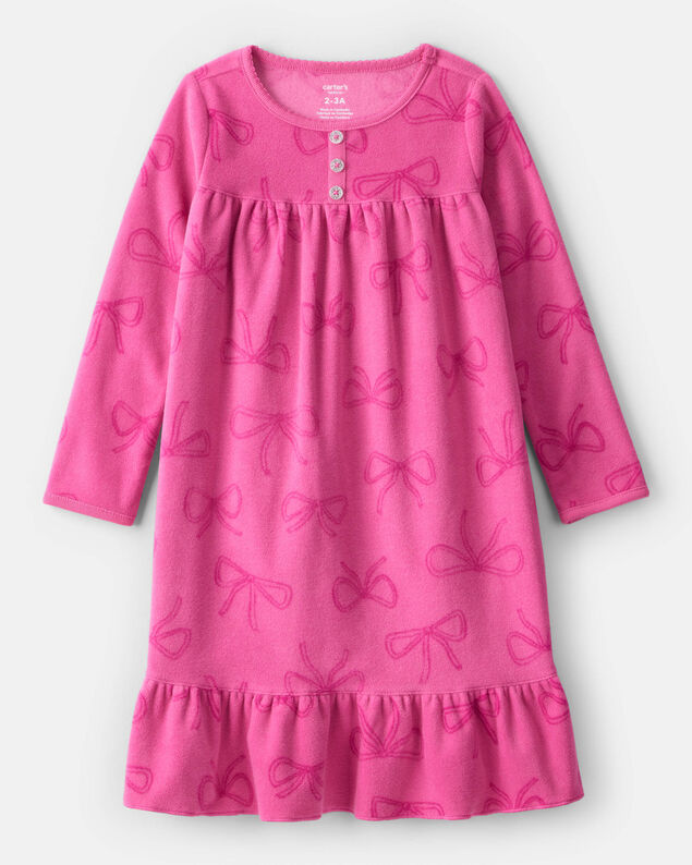 Product image 1 of Girls Bow Print Fleece Long-Sleeve Loose Fit Night Gown - Pink