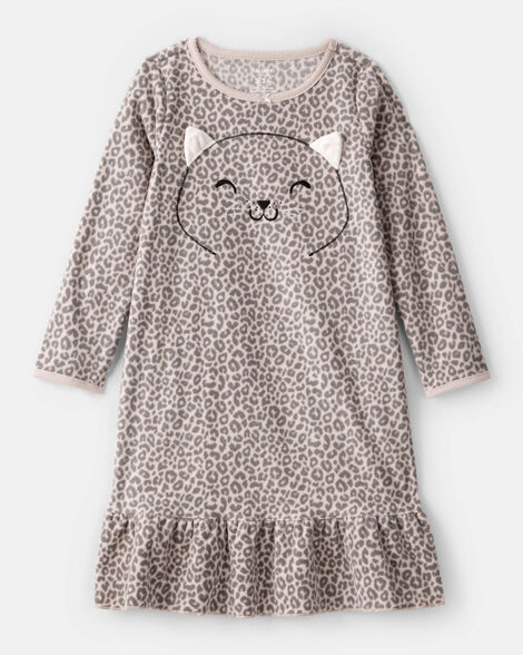 girls leopard print fleece long-sleeve loose fit night gown - brown