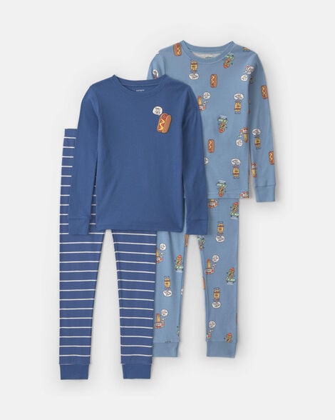 boys 4-piece silly food 100% cotton snug fit pajama set - blue