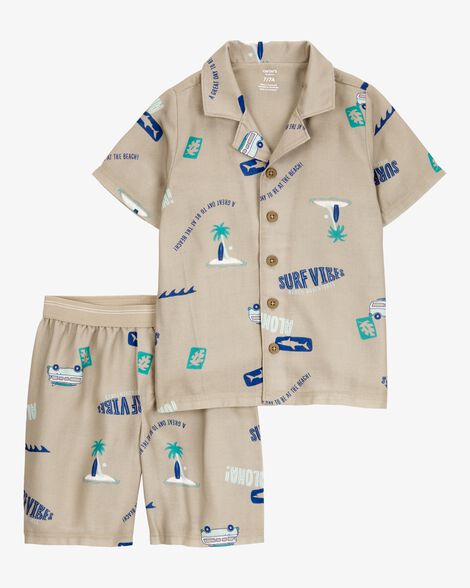 Product image 1 of Boys Tropical Print Loose Fit 2-Piece Pajamas - Khaki