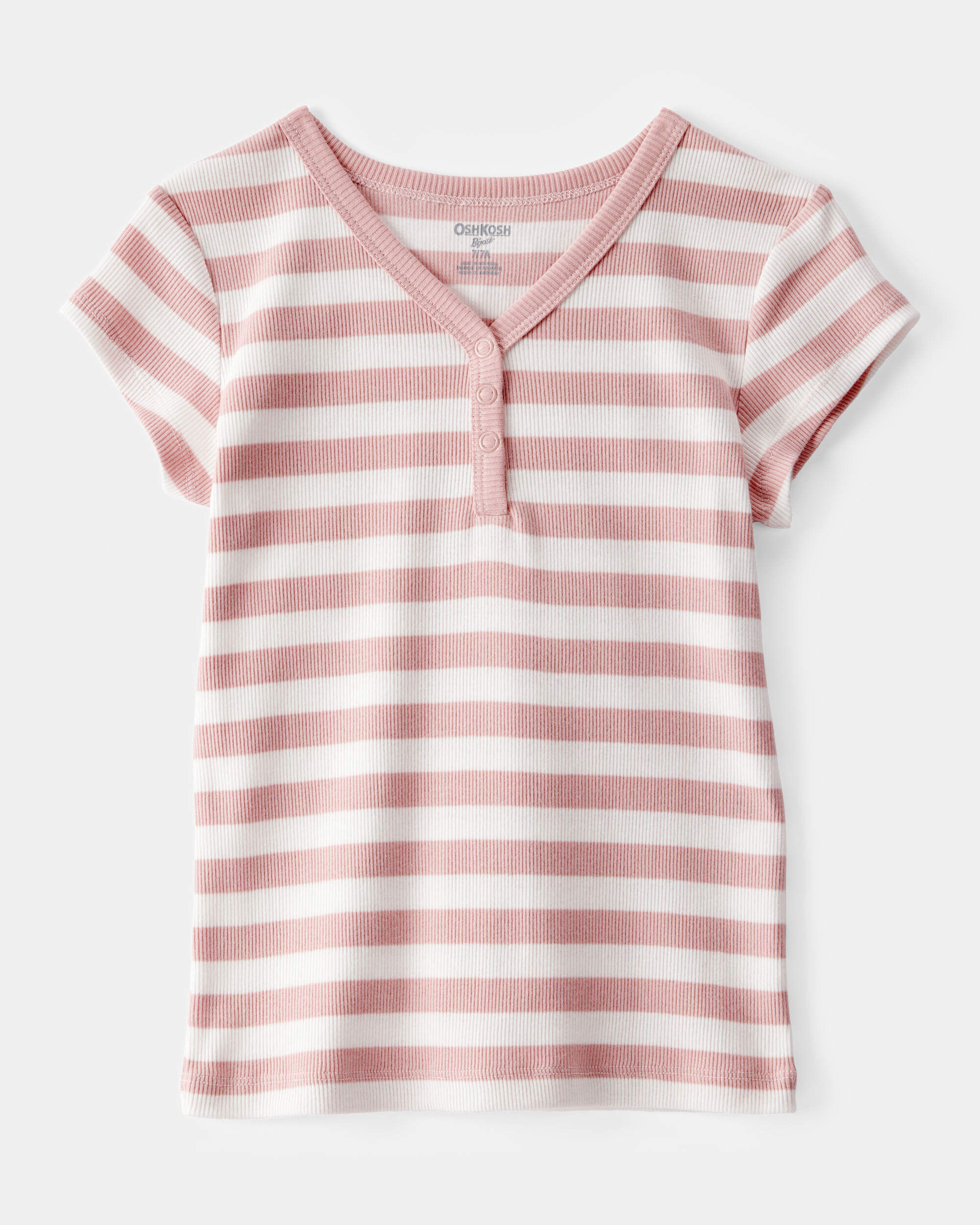 Kid Ribbed Henley Striped Short-Sleeve Shirt - Pink