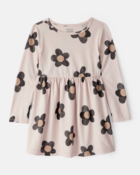 toddler girl floral print long-sleeve dress - ivory