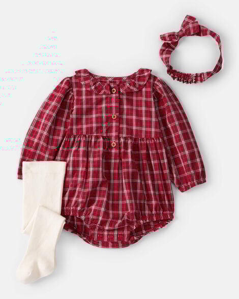baby girl 3-piece plaid print long-sleeve bodysuit, headwrap & tights set - red
