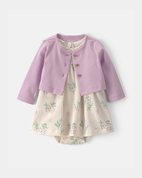 baby girl 2-piece floral cardigan dress set - purple