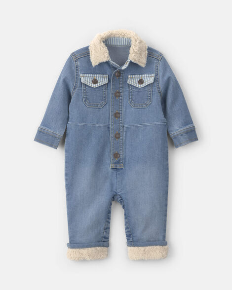 Baby Boy Long-Sleeve Denim Jumpsuit - Light Wash