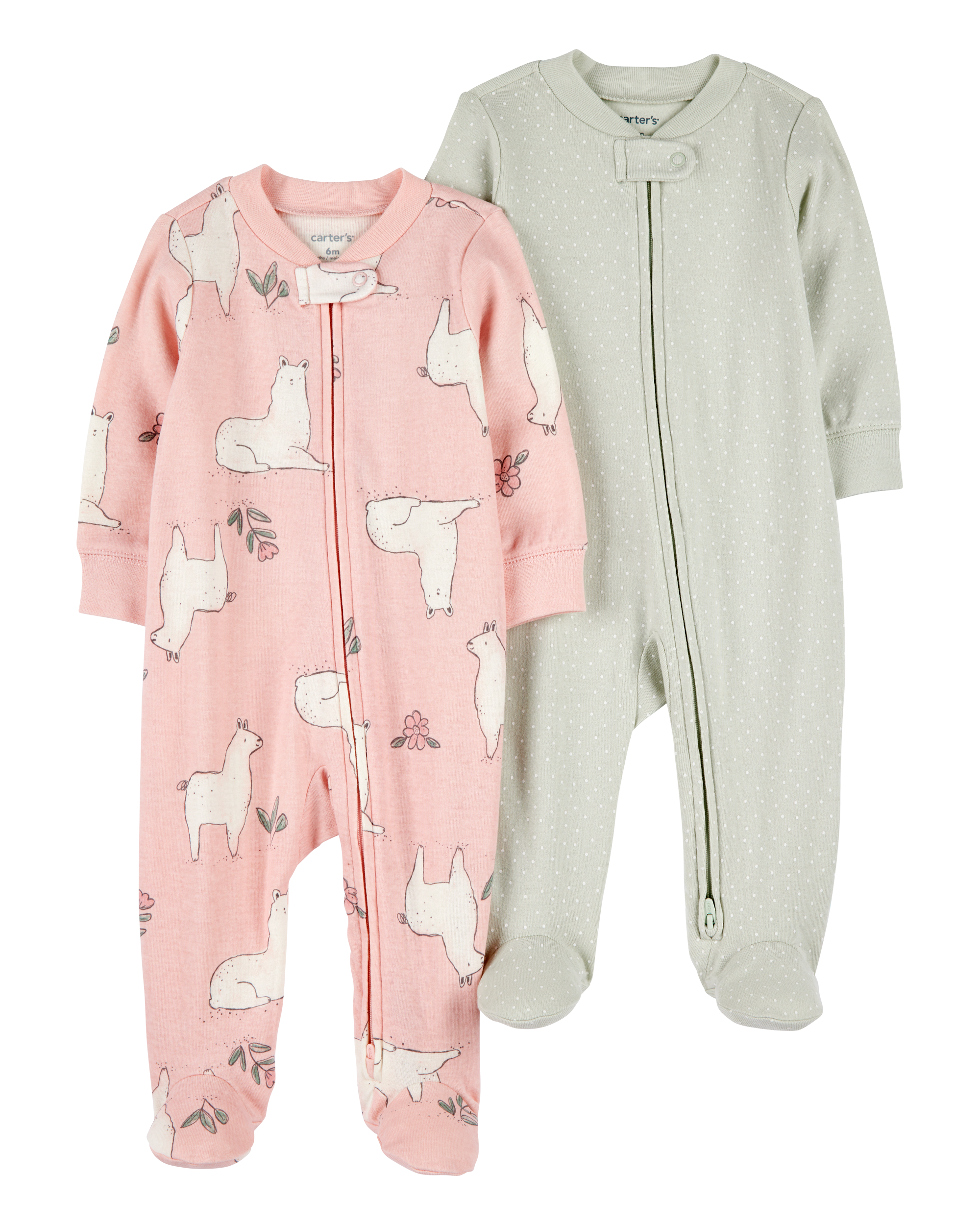 Baby 2-Pack 2-Way Zip Cotton Sleep & Play Pajamas - Pink/Green