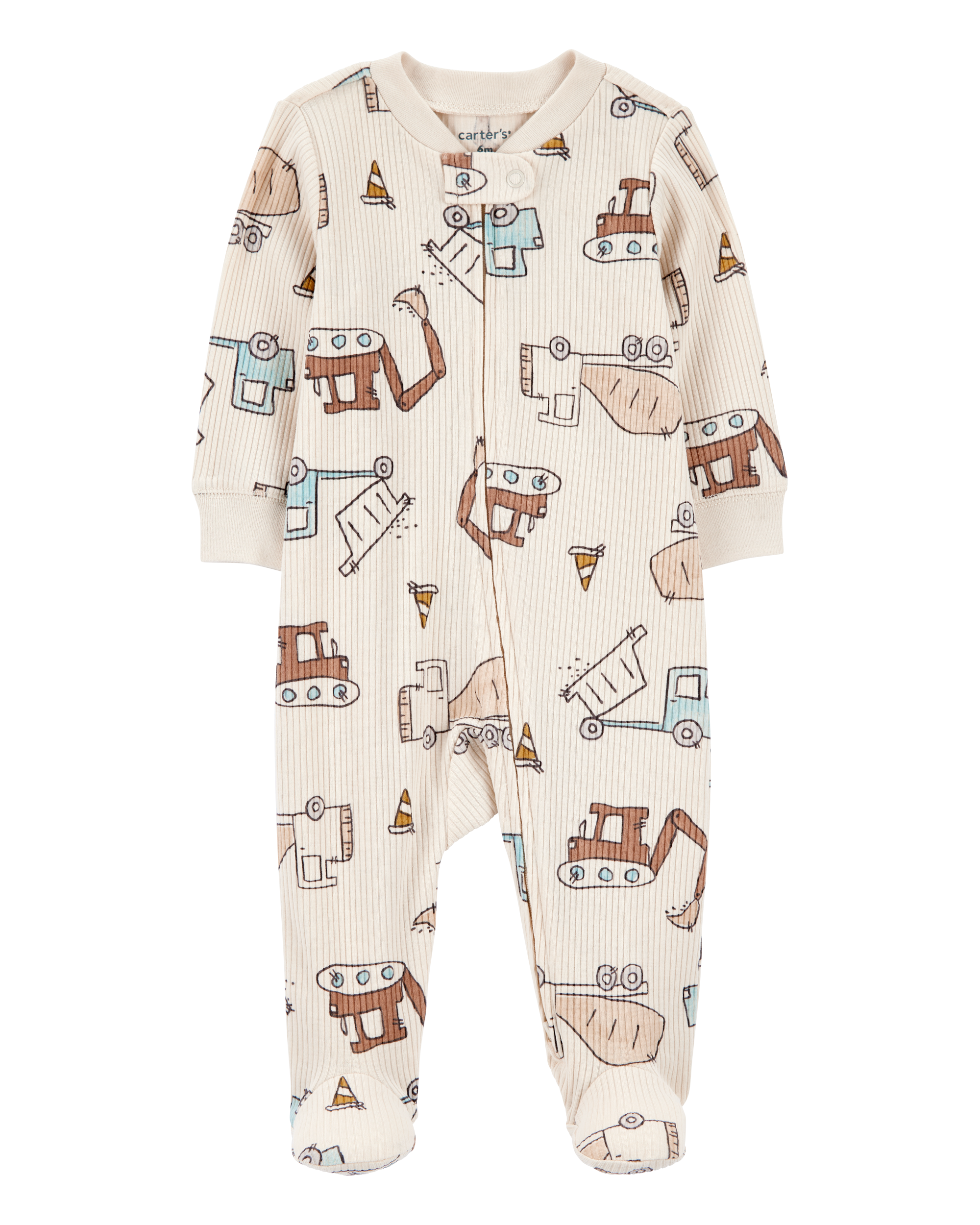 Baby Boy Construction 2-Way Zip Ribbed Sleep & Play Pajamas - Cream