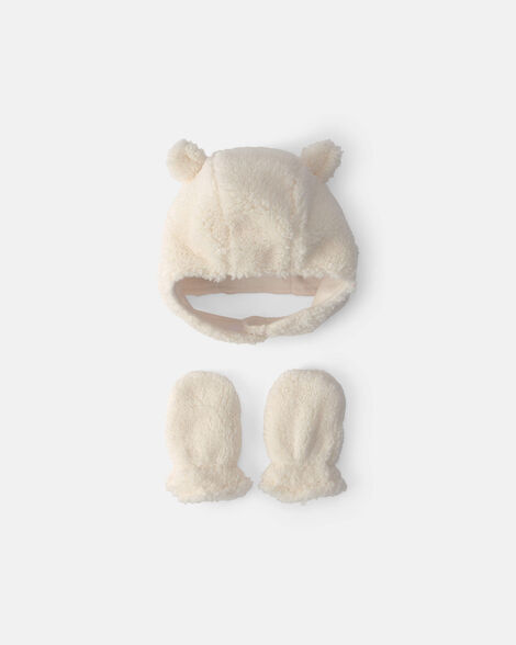 baby bear teddy fleece hat & mitten set - cream