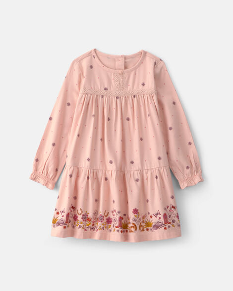 Baby Girl Floral Twill Long-Sleeve Dress - Pink
