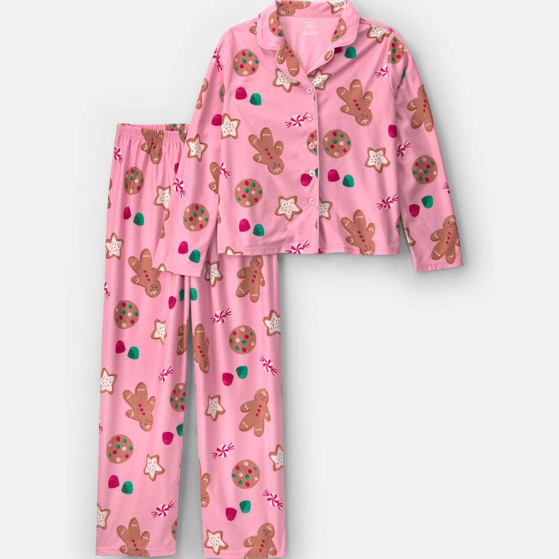 Adult 2-Piece Christmas Gingerbread Fleece Loose Fit Pajama Set - Pink