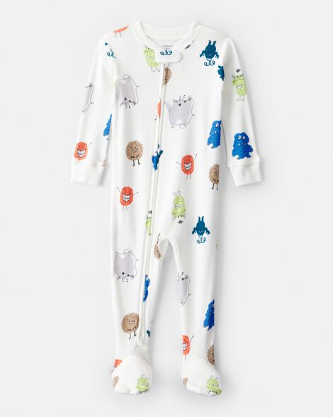 toddler boy monster 100% cotton snug fit footie 1-piece pajamas - ivory