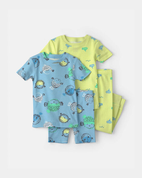 toddler boy pufferfish 100% cotton 4-piece pajama set - blue/yellow