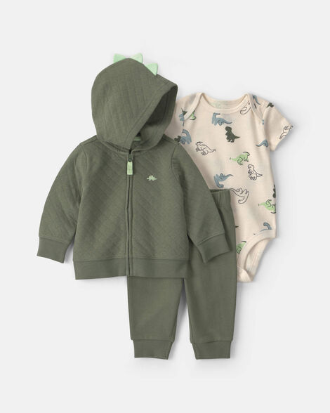 baby boy 3-piece dinosaur quilted french terry layering set - olive green