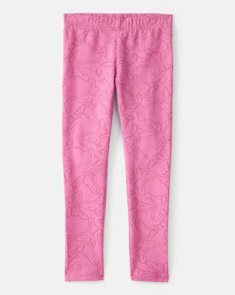 girls butterfly print cotton pull-on stretch leggings - pink