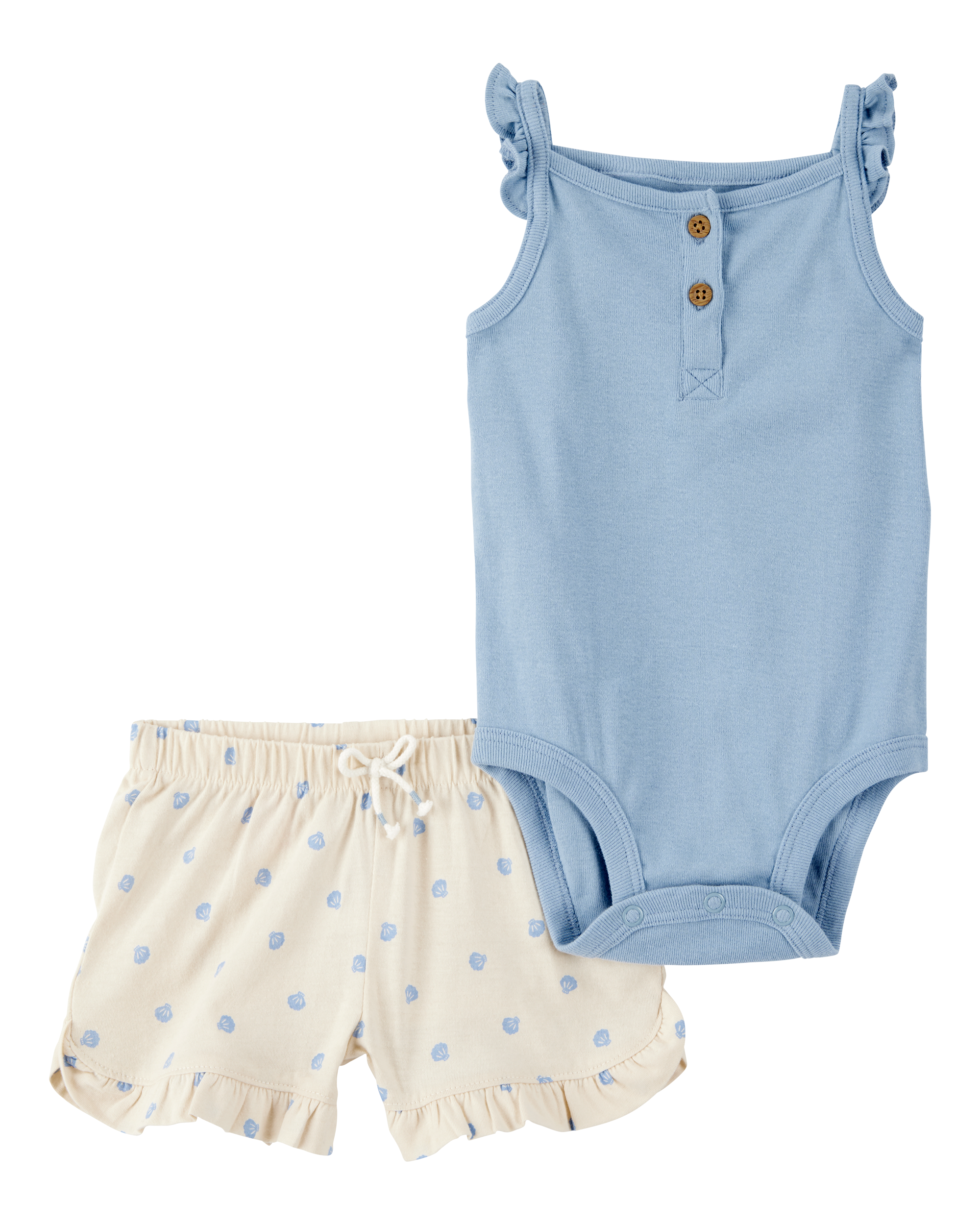 Baby 2-Piece Tank Bodysuit & Shell Print Pull-On Short Set - Blue/Ivory
