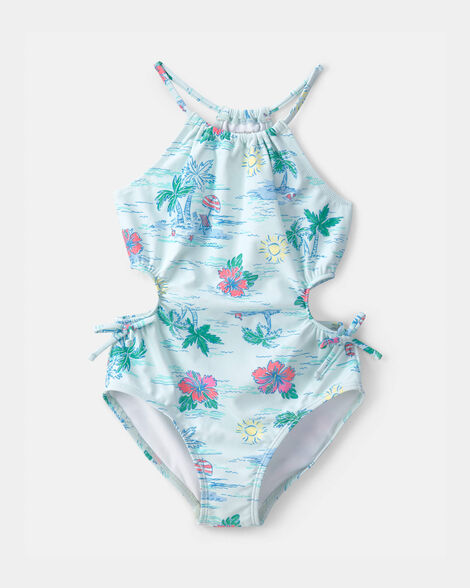 girls 1-piece tropical beach swimsuit - blue