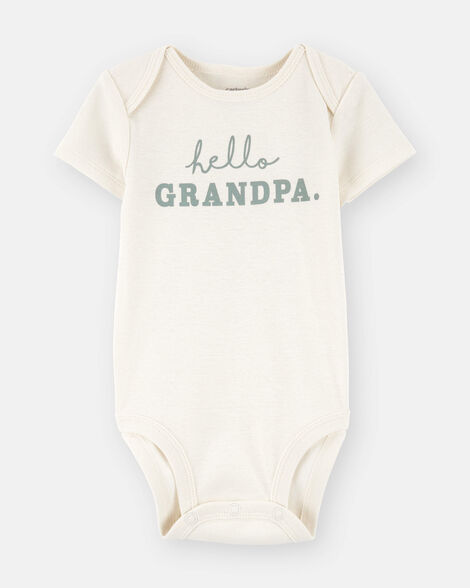 baby "hello grandpa" announcement cotton short-sleeve graphic bodysuit - ivory