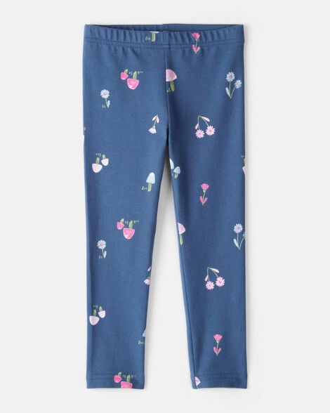 toddler girl floral cotton pull-on stretch leggings - blue