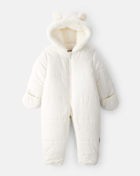 baby 1-piece bear ears hooded pram sherpa-lined snowsuit - cream