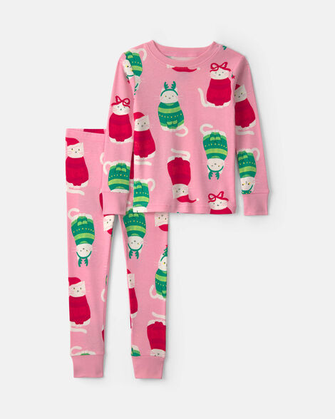 baby girl 2-piece cat christmas sweater 100% cotton pajama set - pink