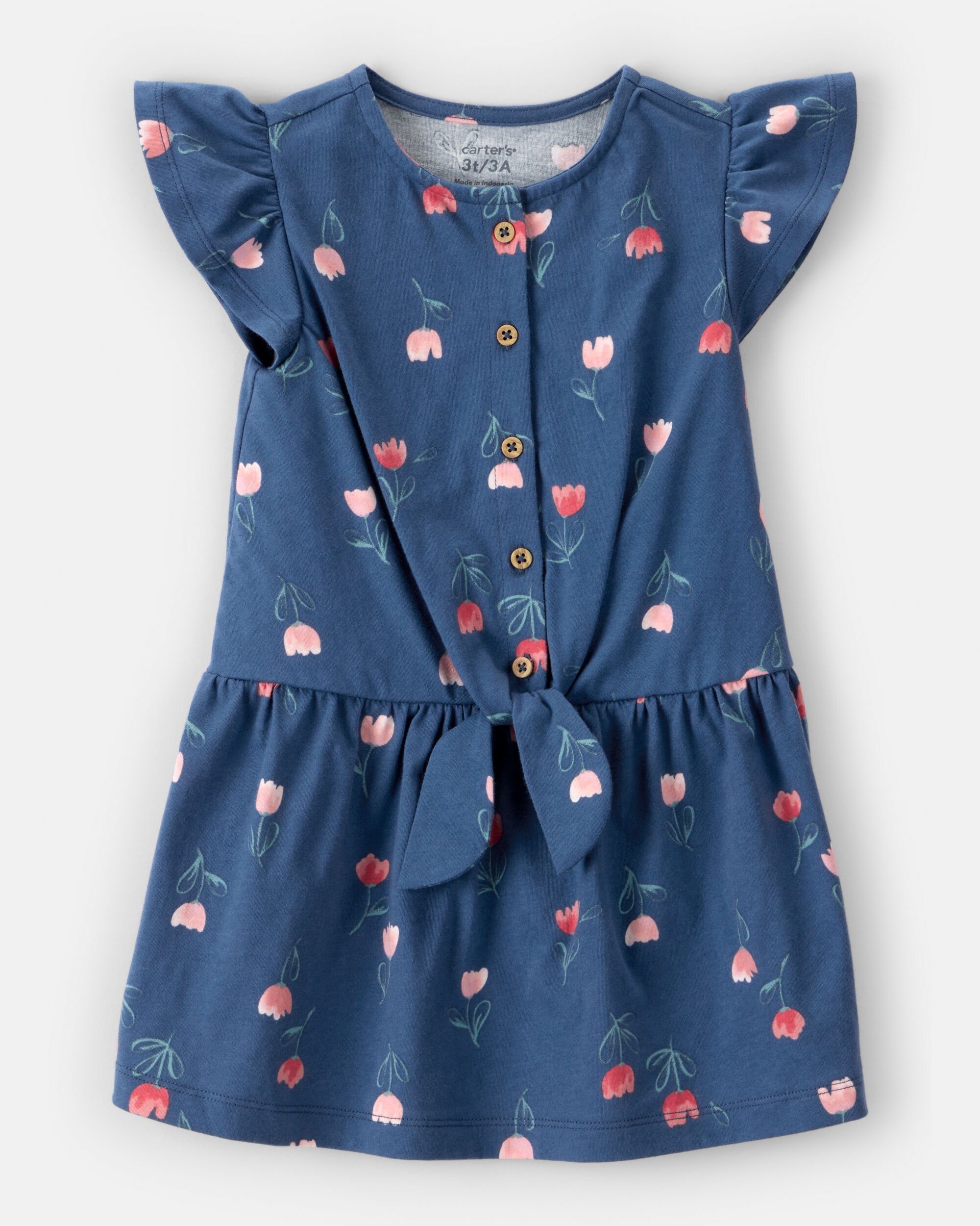 Toddler Floral Button-Front Flutter Sleeve Dress - Blue