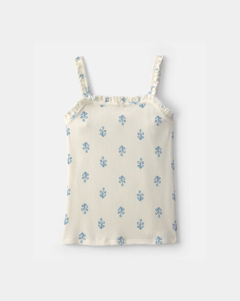 Girls Floral Ribbed Ruffle Tank - Ivory