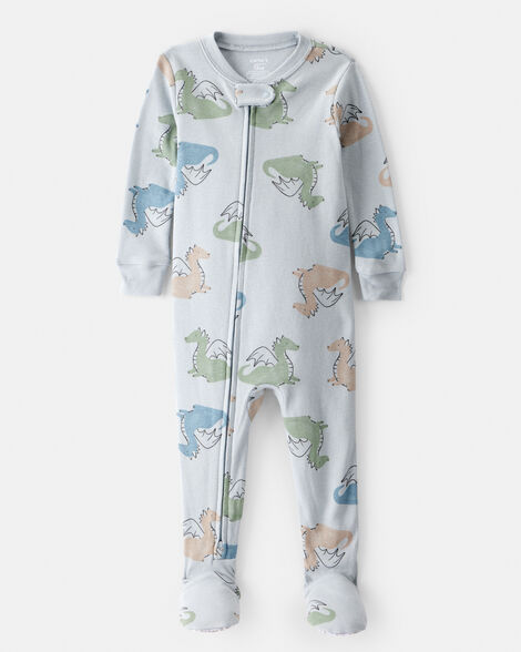 baby boy dragon print 100% cotton long-sleeve 2-way zip 1-piece pajamas - blue