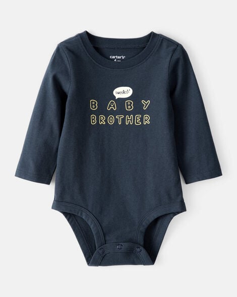 baby boy sweetest baby brother cotton long-sleeve graphic bodysuit - navy blue