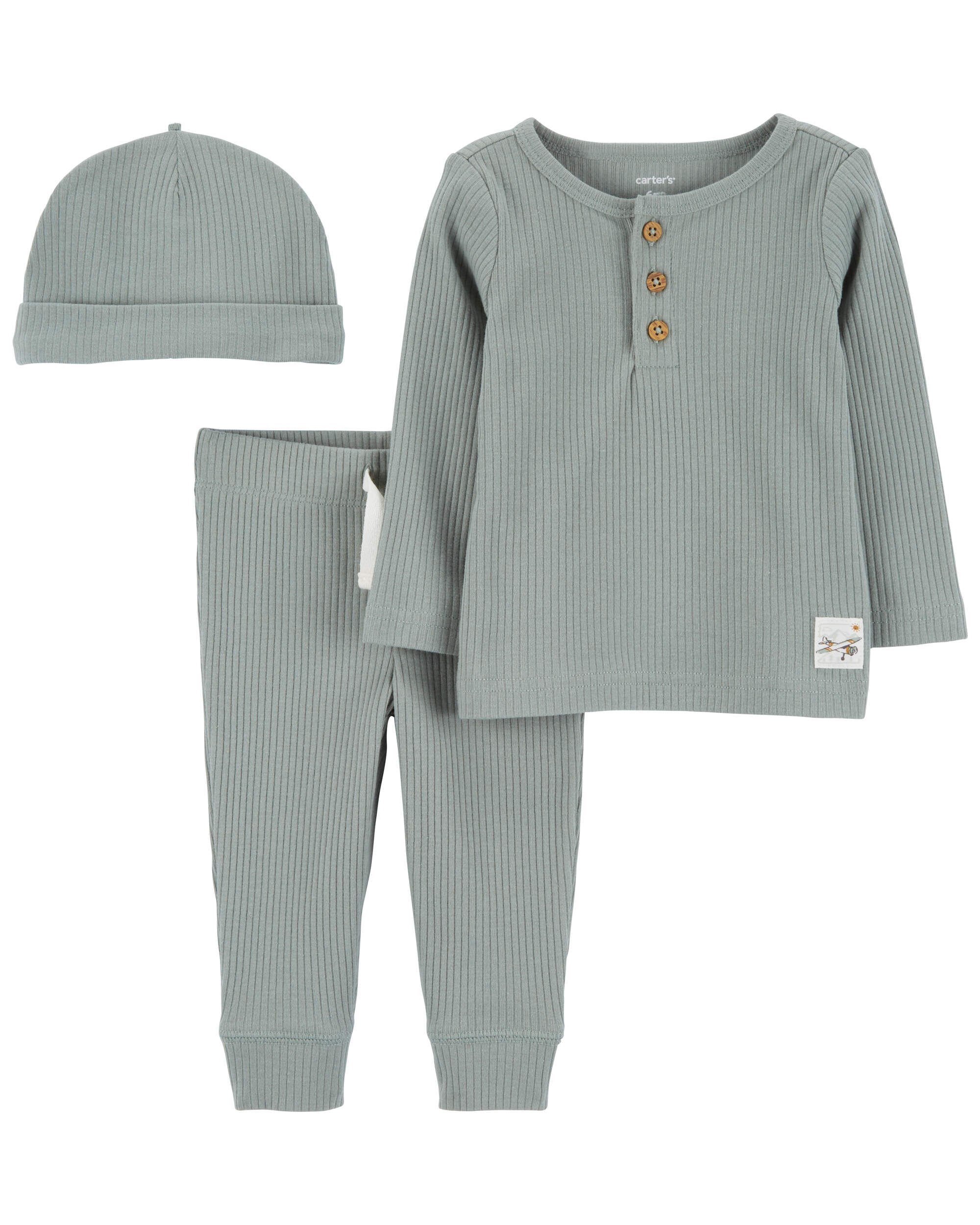 Baby 3-Piece Ribbed Outfit Set - Green