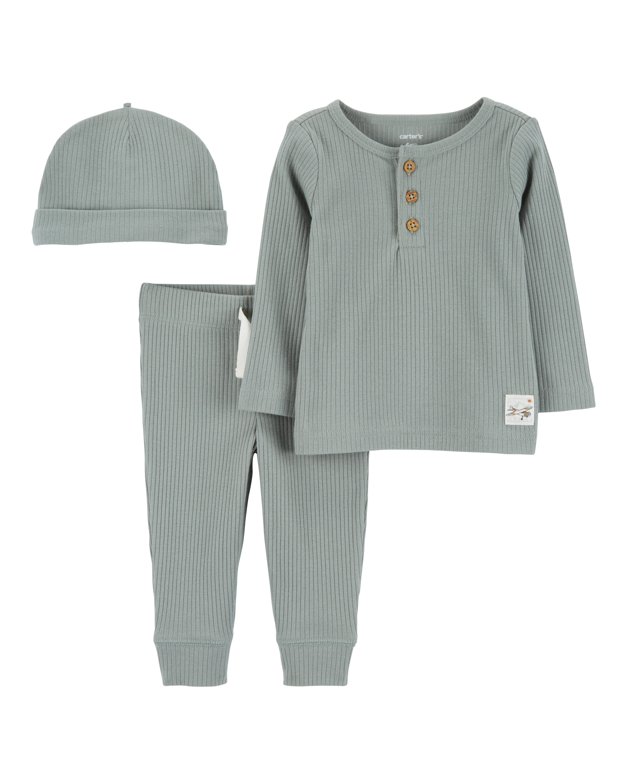Baby 3-Piece Ribbed Outfit Set - Green