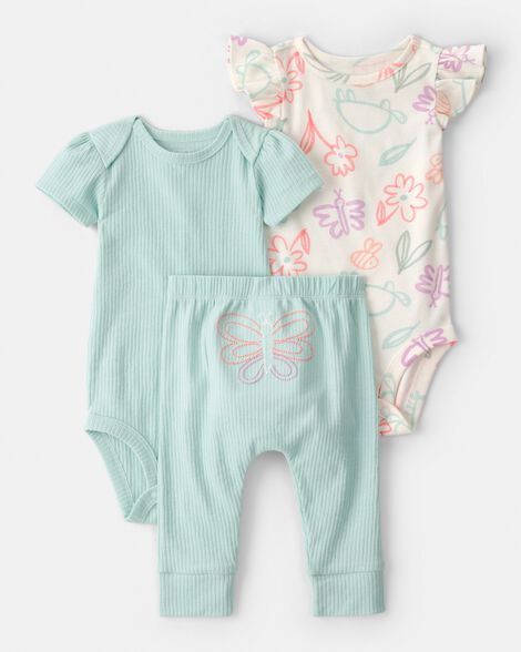 baby girl 3-piece butterfly bodysuits & pant set - blue/ivory