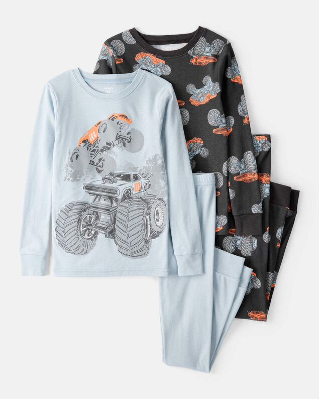 Product image 1 of Boys Monster Truck Print 100% Cotton Long-Sleeve 4-Piece Pajamas - Blue