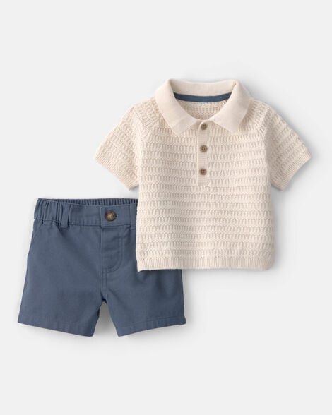 baby boy 2-piece collared shirt & short set - cream/blue