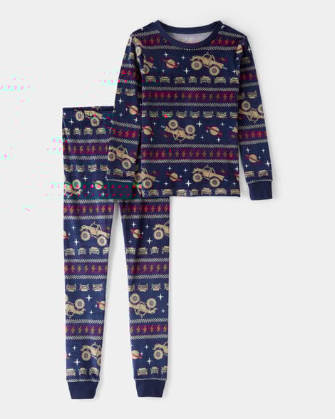 boys monster truck dreamplush snug fit 2-piece pajamas - navy