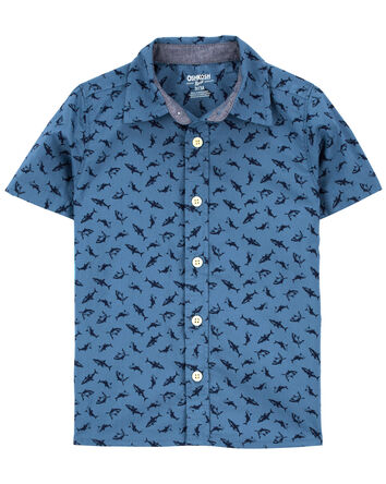 Baby Shark Print Button-Front Short Sleeve Shirt