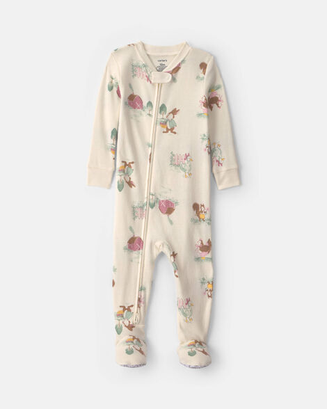 toddler girl 1-piece country farm 100% cotton snug fit footed pajama - cream