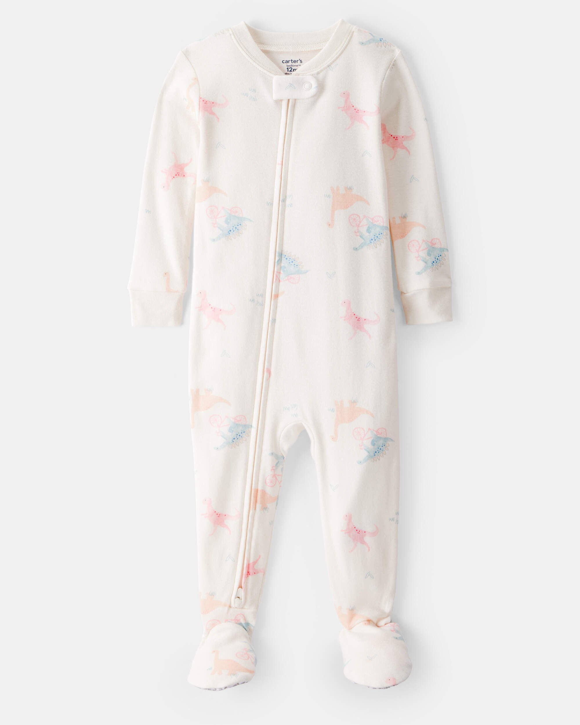 Baby Girl Dinosaur Print 100% Cotton Long-Sleeve 2-Way Zip 1-Piece Pajamas - White