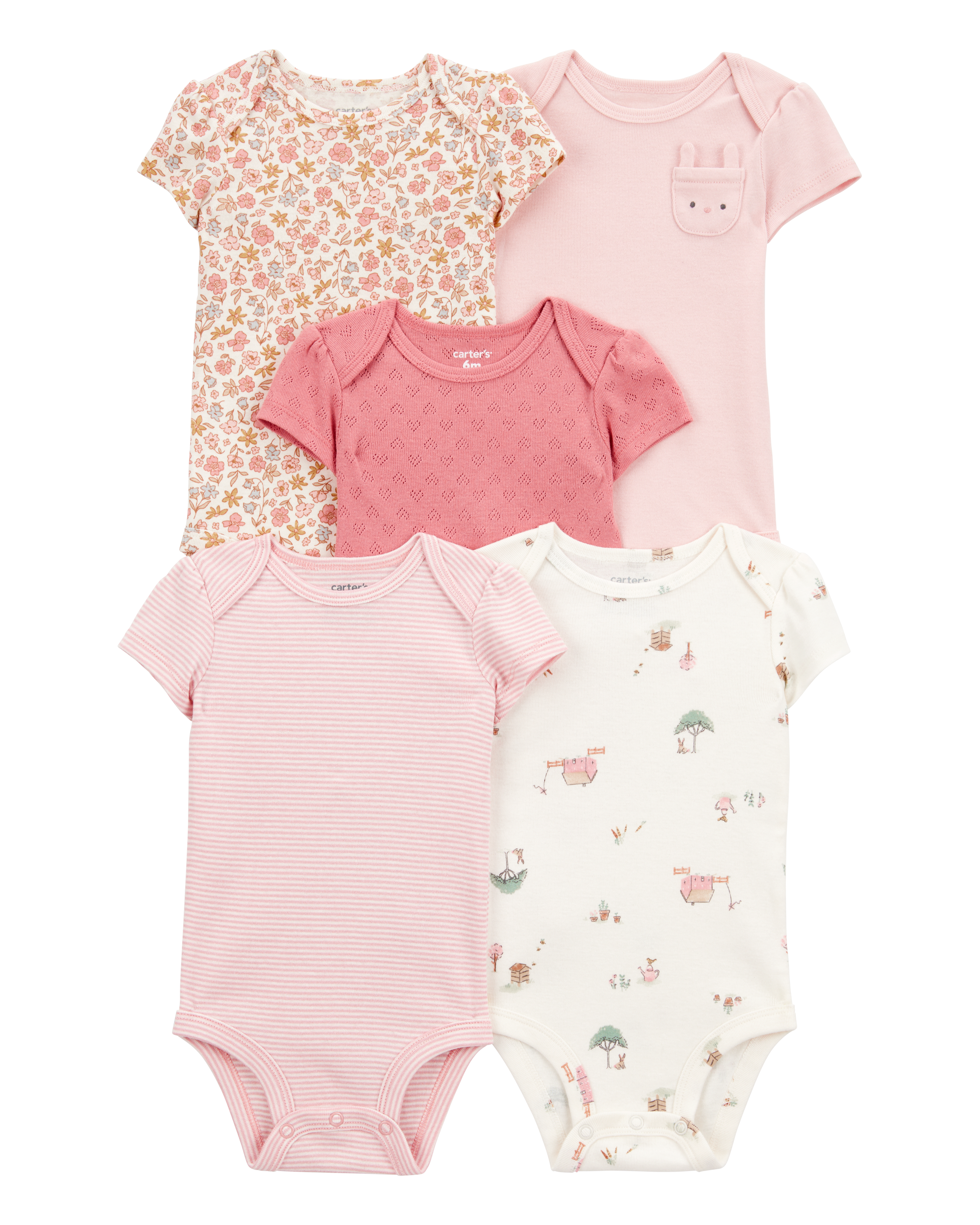 Baby Girl 5-Pack Floral Bunny Short-Sleeve Cotton Bodysuits - Pink