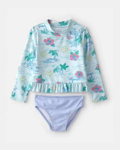 toddler girl 2-piece tropical beach rashguard swimsuit set - blue/purple